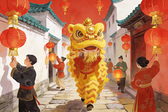 古街舞狮挂红灯笼欢庆场景