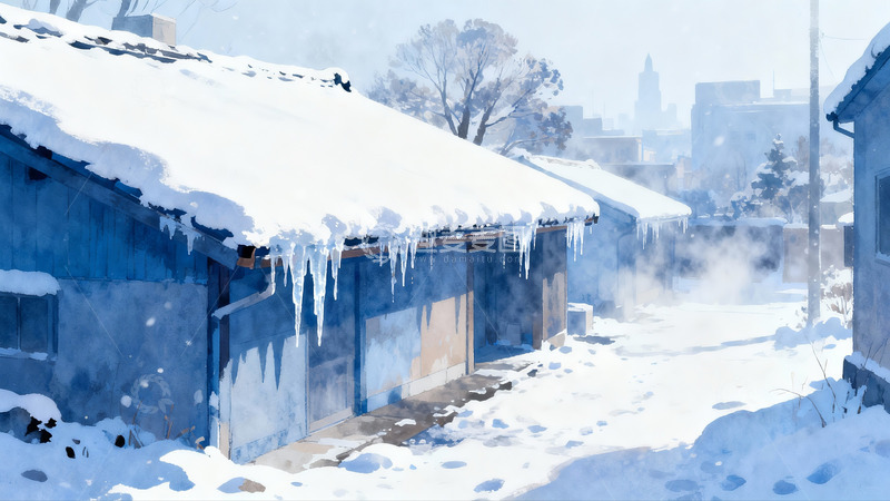高清大图下载【趣麦麦图】雪后小巷冰挂屋檐静谧景