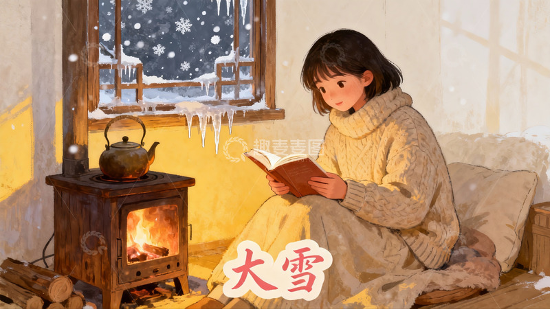高清大图下载【趣麦麦图】冬日暖室女子阅读雪景