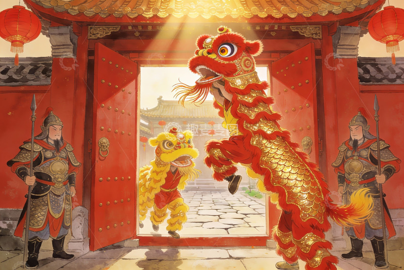 高清大图下载【趣麦麦图】传统舞狮迎门场景