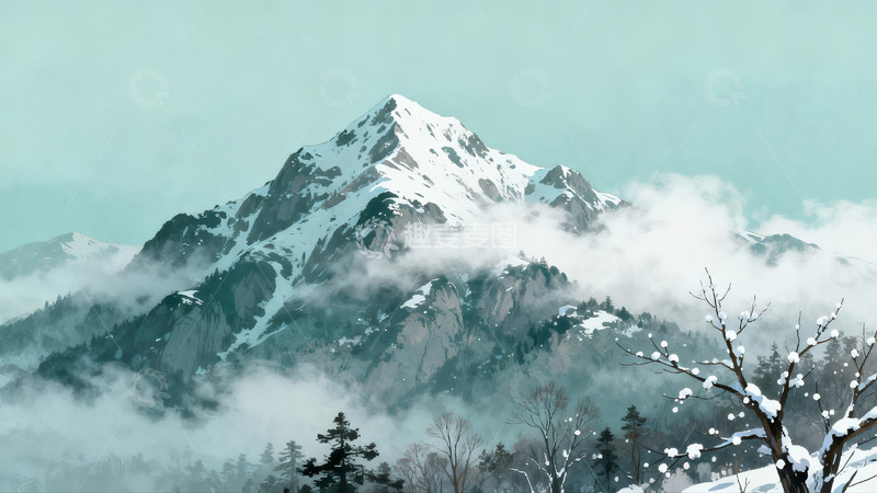 高清大图下载【趣麦麦图】雪山云雾缭绕树木点缀