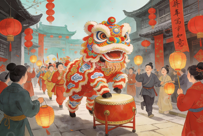 高清大图下载【趣麦麦图】传统舞狮庆典热闹非凡