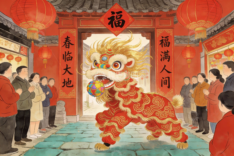 高清大图下载【趣麦麦图】春节舞狮热闹场景