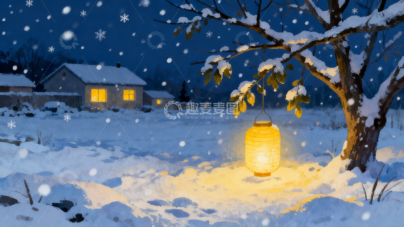 高清大图下载【趣麦麦图】雪夜灯笼照亮的静谧乡村