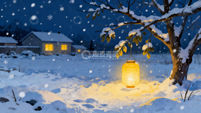 雪夜灯笼照亮的静谧乡村
