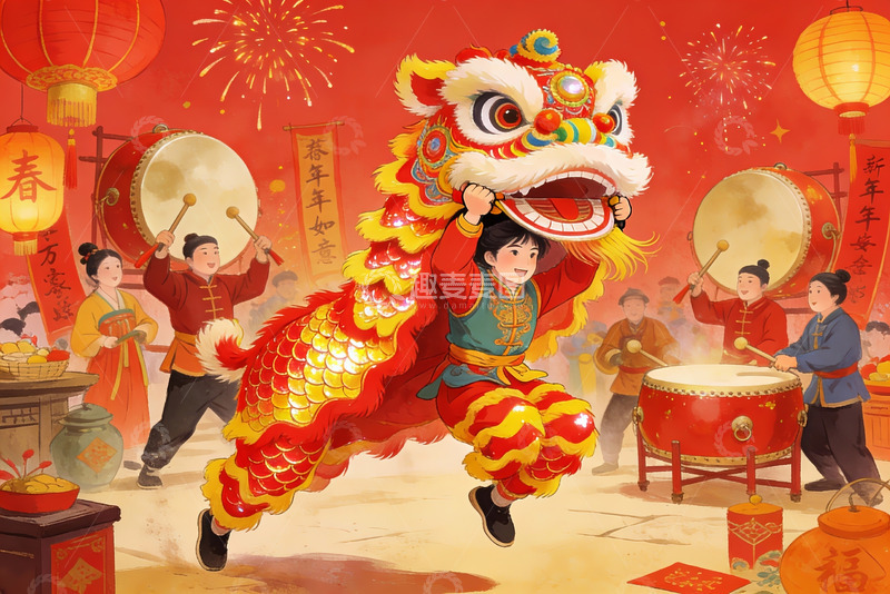 高清大图下载【趣麦麦图】春节舞狮热闹场景