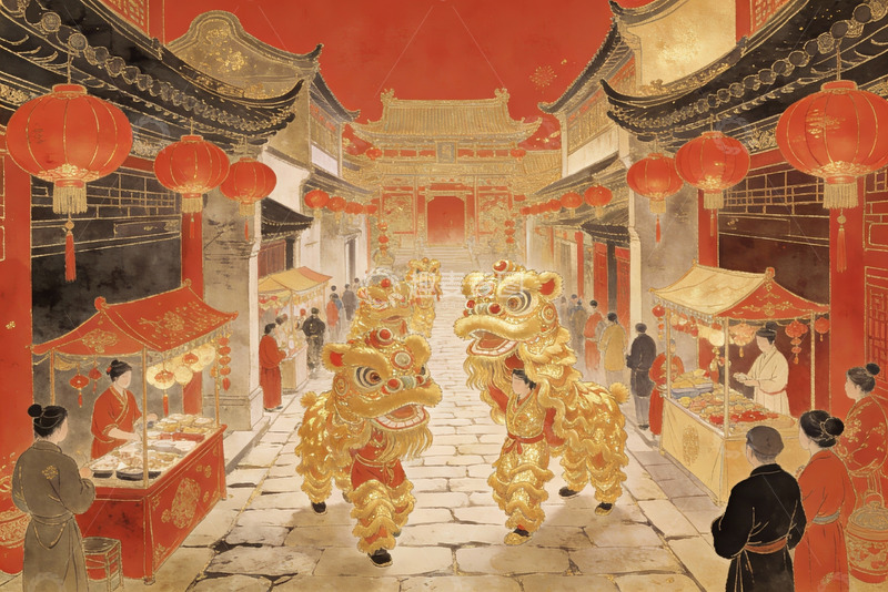 高清大图下载【趣麦麦图】古街舞狮热闹非凡