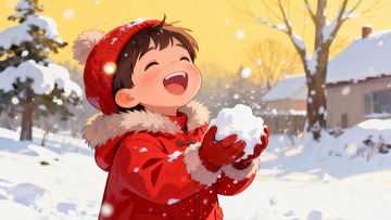 雪地孩童欢笑堆雪球