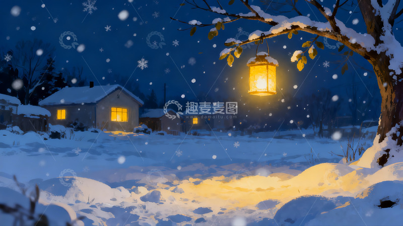 高清大图下载【趣麦麦图】雪夜灯火人家温馨场景