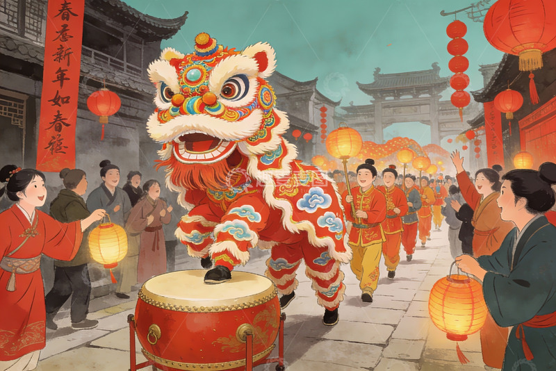高清大图下载【趣麦麦图】春节舞狮热闹街景