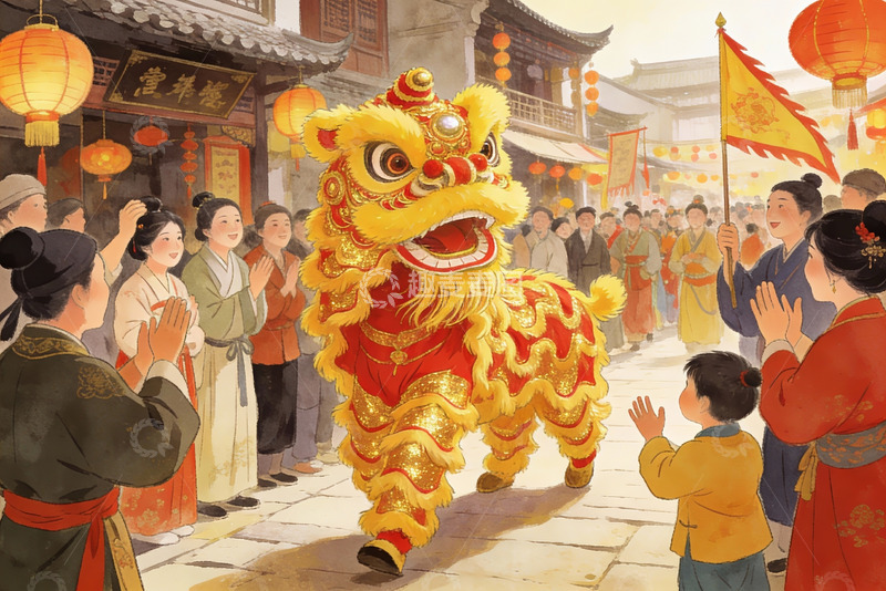 高清大图下载【趣麦麦图】传统舞狮表演热闹街景