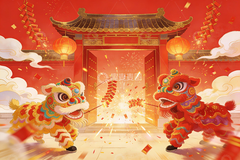 春节舞狮热闹场景
