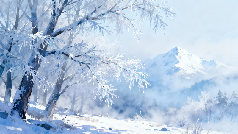 高清大图下载【趣麦麦图】雪覆树枝云雾缭绕雪山