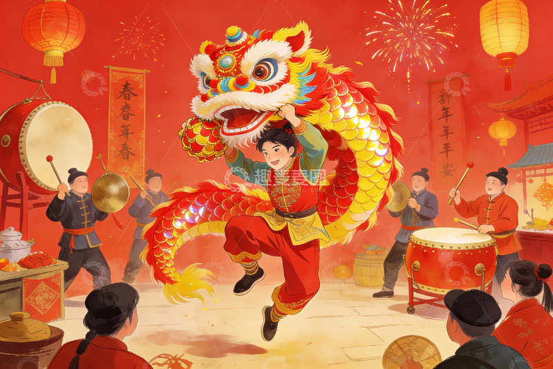 高清大图下载【趣麦麦图】春节舞狮热闹场景