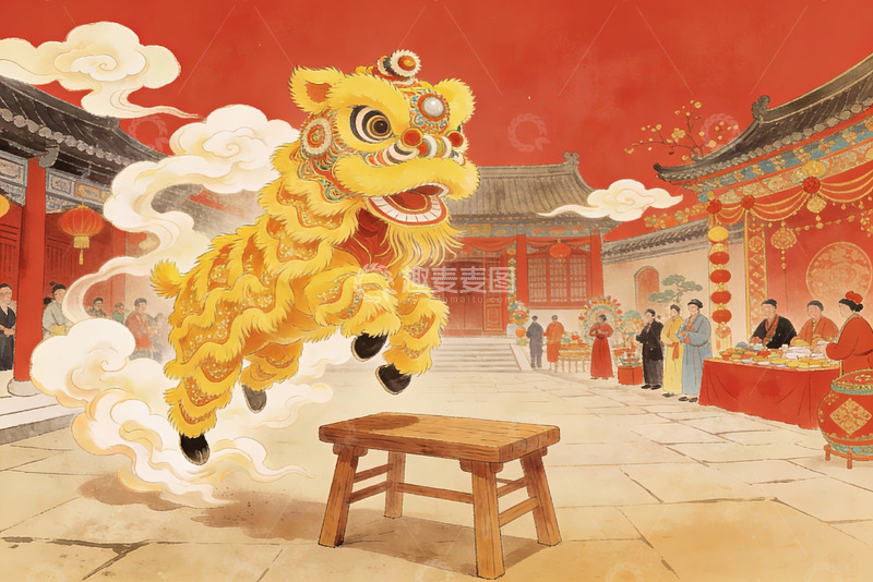 高清大图下载【趣麦麦图】传统舞狮表演热闹场景