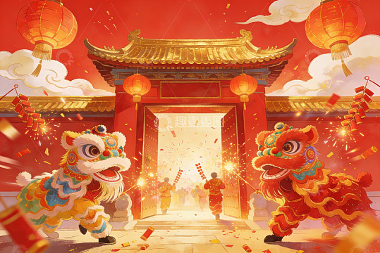 春节舞狮庆典热闹非凡