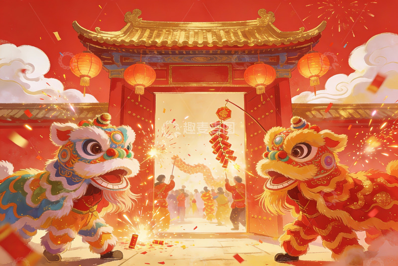 高清大图下载【趣麦麦图】春节舞狮热闹场景