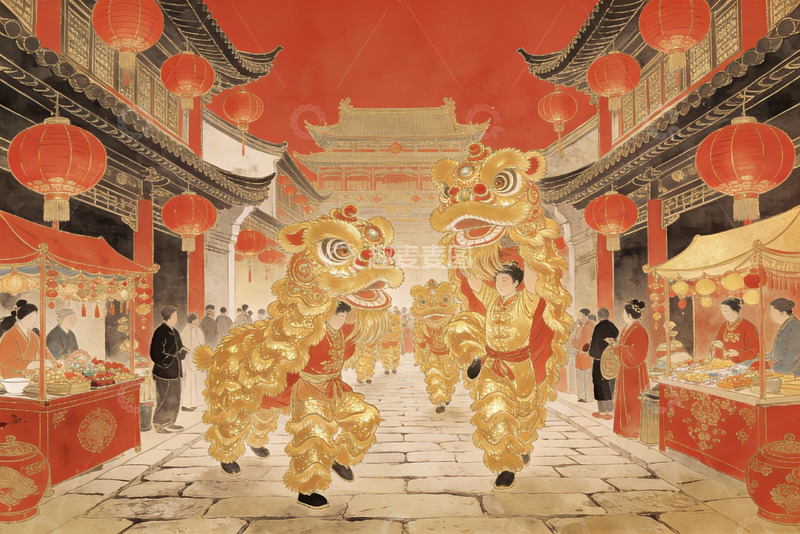 高清大图下载【趣麦麦图】传统舞狮庆典热闹街景