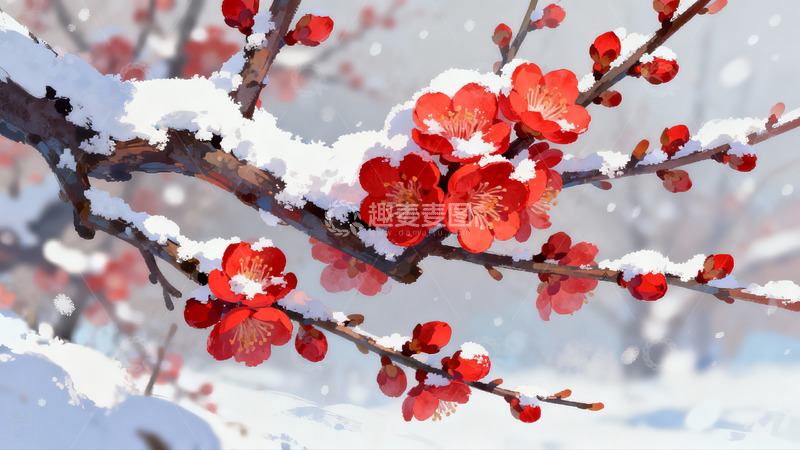 高清大图下载【趣麦麦图】雪中红梅绽放