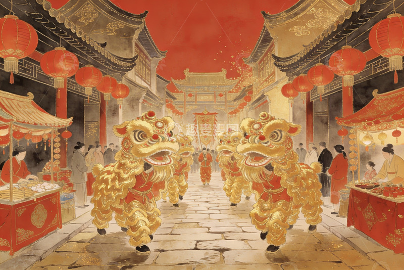 高清大图下载【趣麦麦图】传统舞狮街头庆典热闹非凡