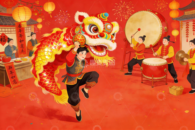 高清大图下载【趣麦麦图】舞狮表演热闹非凡