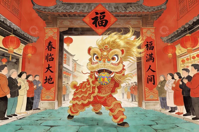 高清大图下载【趣麦麦图】春节舞狮热闹场景