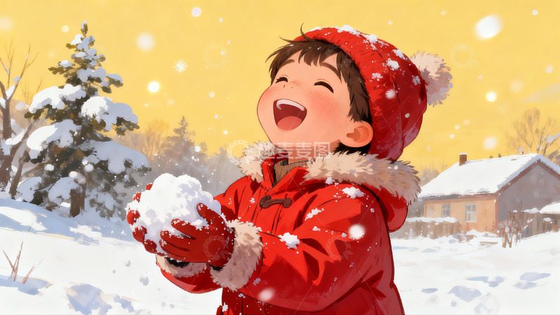 高清大图下载【趣麦麦图】雪地孩童欢笑堆雪球