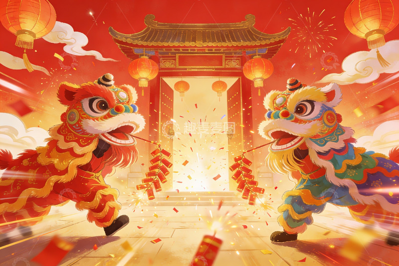 高清大图下载【趣麦麦图】春节舞狮热闹场景