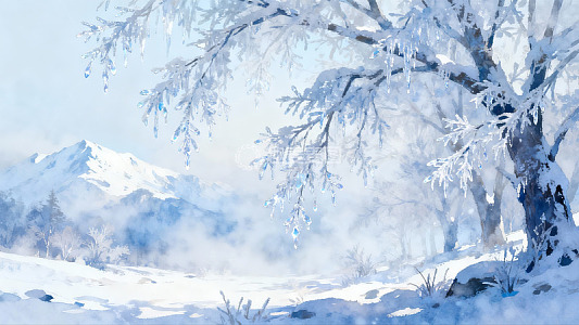 雪覆树枝山景静谧