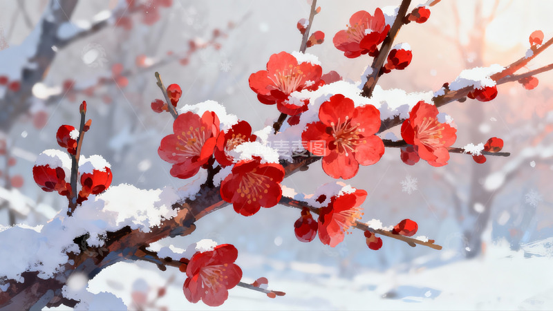 高清大图下载【趣麦麦图】雪中红梅绽放