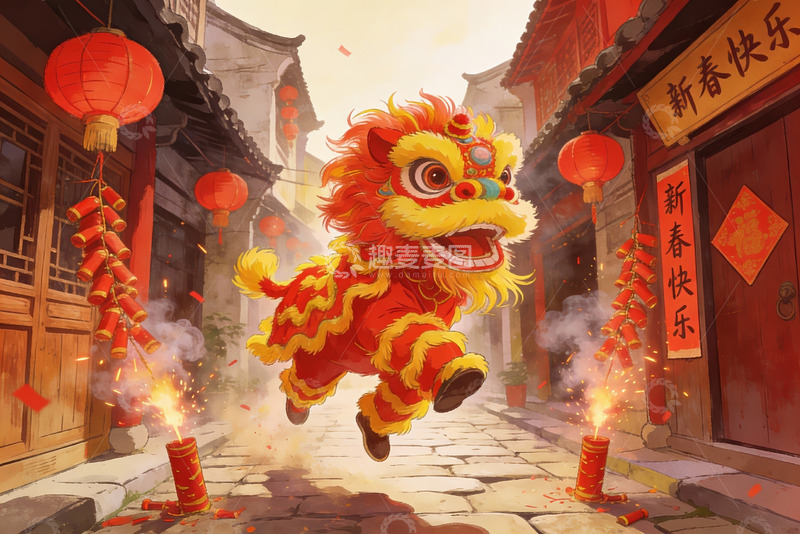 高清大图下载【趣麦麦图】春节舞狮热闹街景