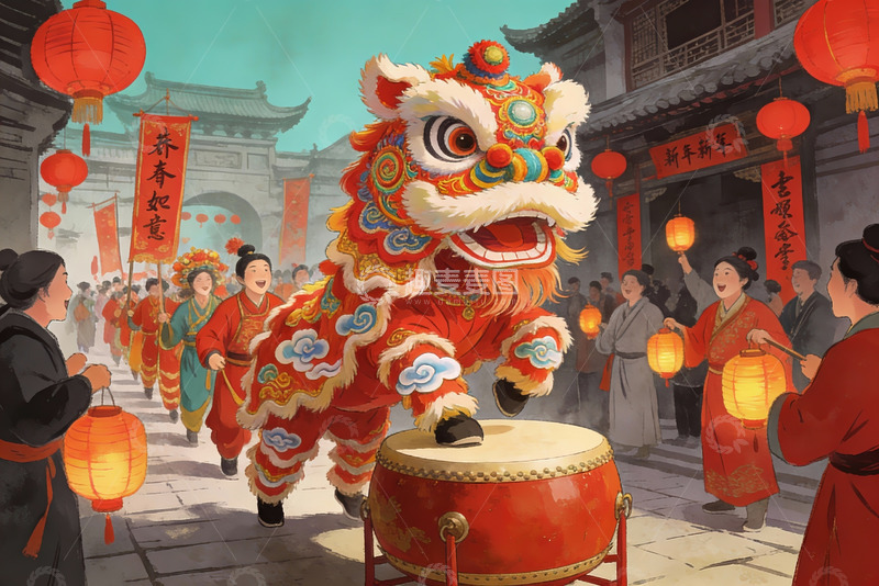 高清大图下载【趣麦麦图】春节舞狮热闹街景