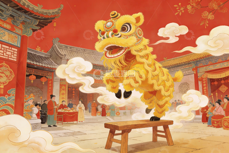 高清大图下载【趣麦麦图】传统舞狮表演热闹场景