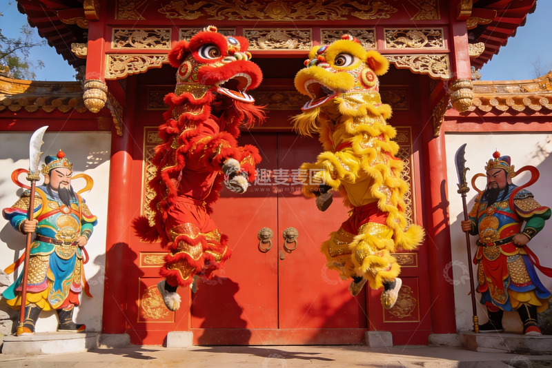 高清大图下载【趣麦麦图】传统舞狮表演在红色大门前