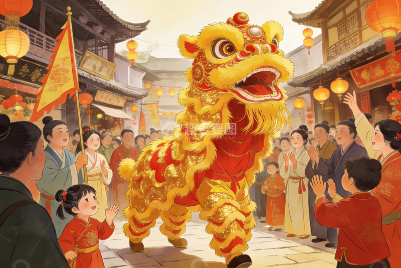 高清大图下载【趣麦麦图】热闹街市舞狮表演欢庆场景