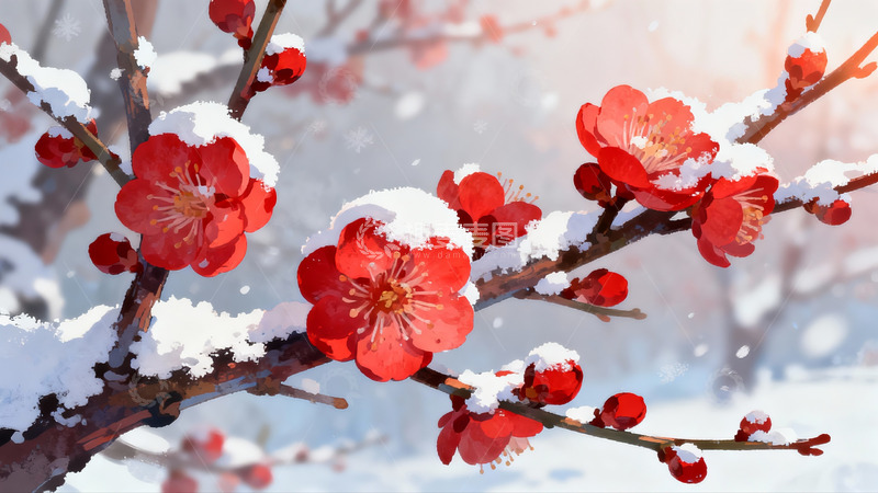 高清大图下载【趣麦麦图】雪中红梅绽放