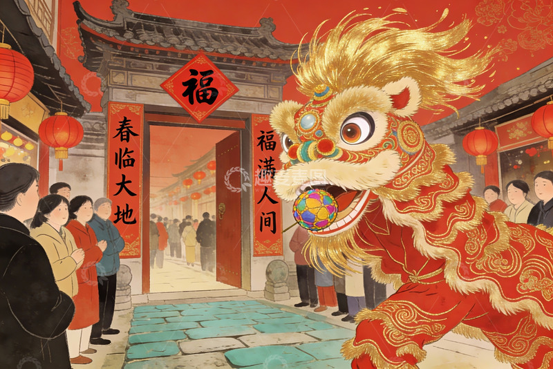 高清大图下载【趣麦麦图】春节舞狮热闹场景