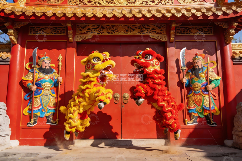 高清大图下载【趣麦麦图】传统舞狮表演于红色大门前