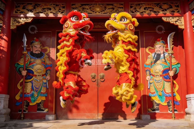 高清大图下载【趣麦麦图】舞狮表演门前欢庆