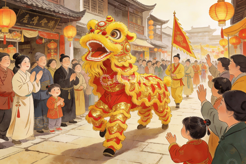 高清大图下载【趣麦麦图】传统舞狮表演热闹街景