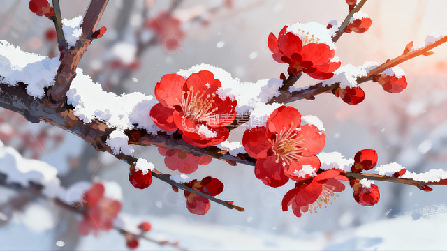 雪中红梅绽放