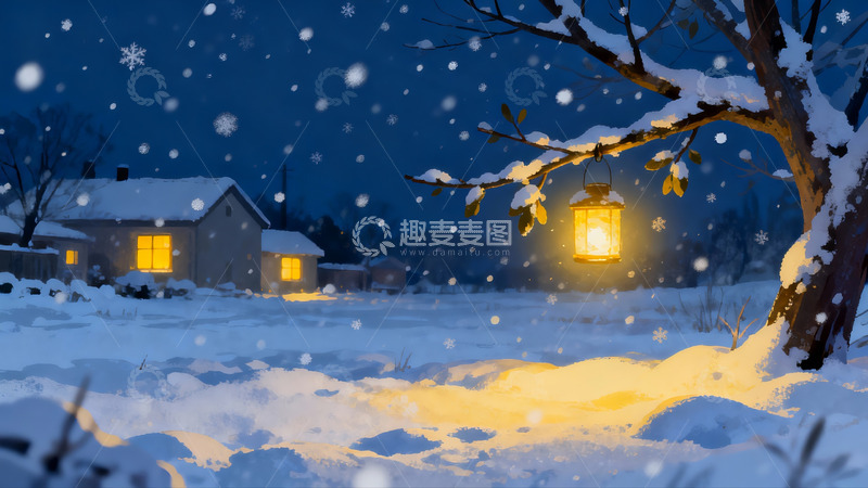 高清大图下载【趣麦麦图】雪夜灯火人家温馨场景