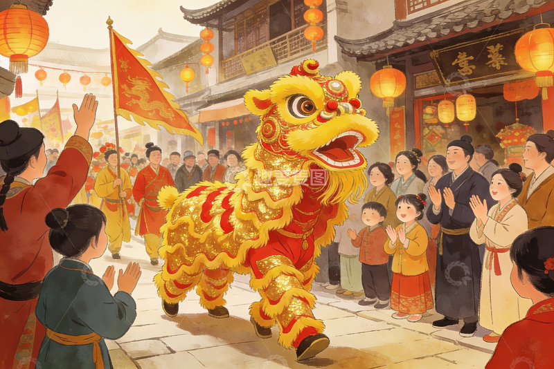 高清大图下载【趣麦麦图】传统舞狮表演热闹街景