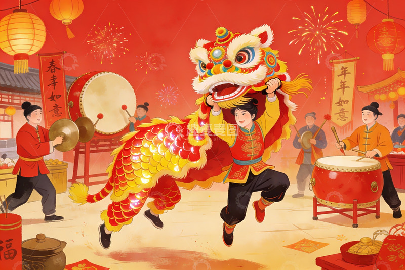 高清大图下载【趣麦麦图】春节舞狮热闹场景