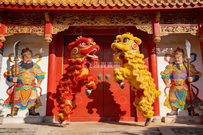 高清大图下载【趣麦麦图】舞狮表演在传统建筑前