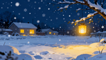 雪夜灯火人家温馨场景