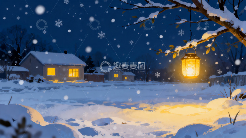 高清大图下载【趣麦麦图】雪夜灯火人家温馨场景
