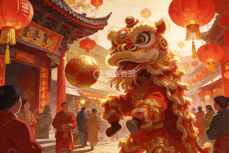 高清大图下载【趣麦麦图】春节舞狮热闹街景