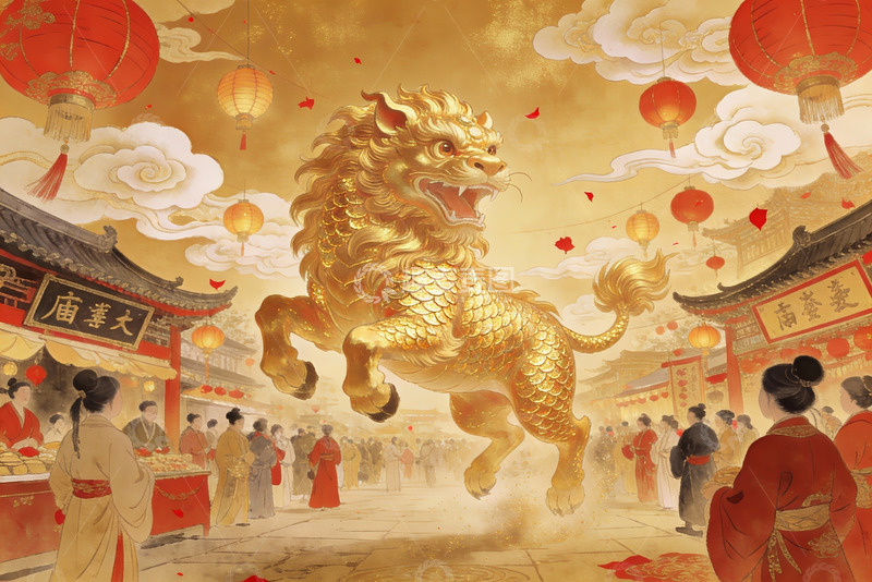 高清大图下载【趣麦麦图】-古风节日庆典金狮舞动