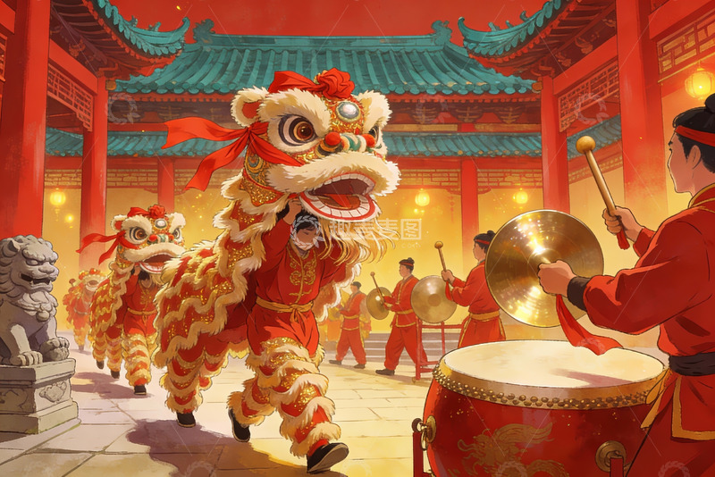 高清大图下载【趣麦麦图】舞狮表演热闹非凡